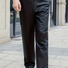 Men's Classic Fleece Pu Pants Straight Leg Solid Biker Faux Leather Pants