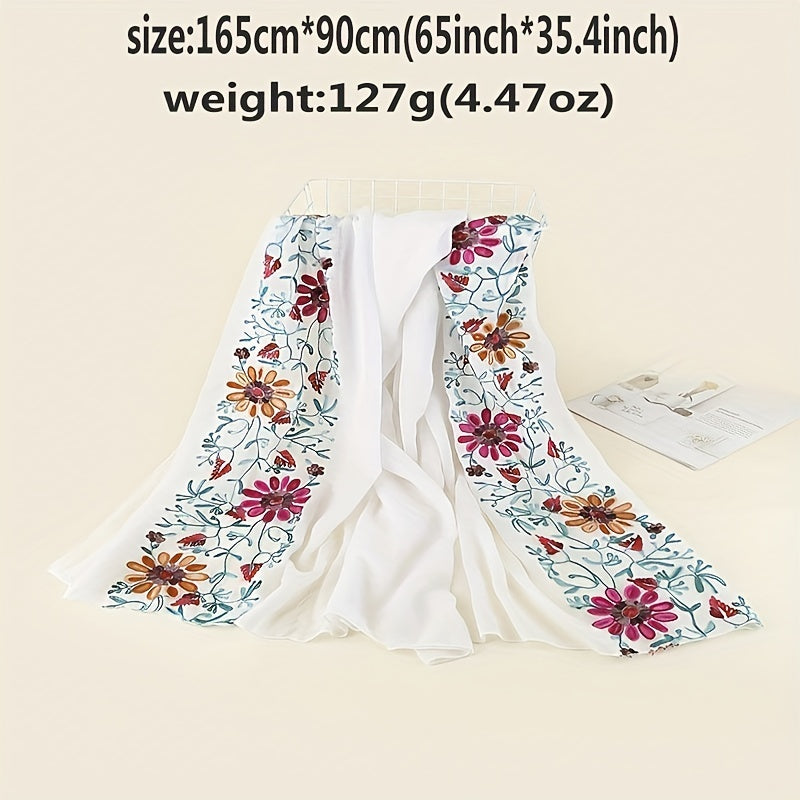 Vintage Embroidered Flowers Scarf Shawl Linen Scarf