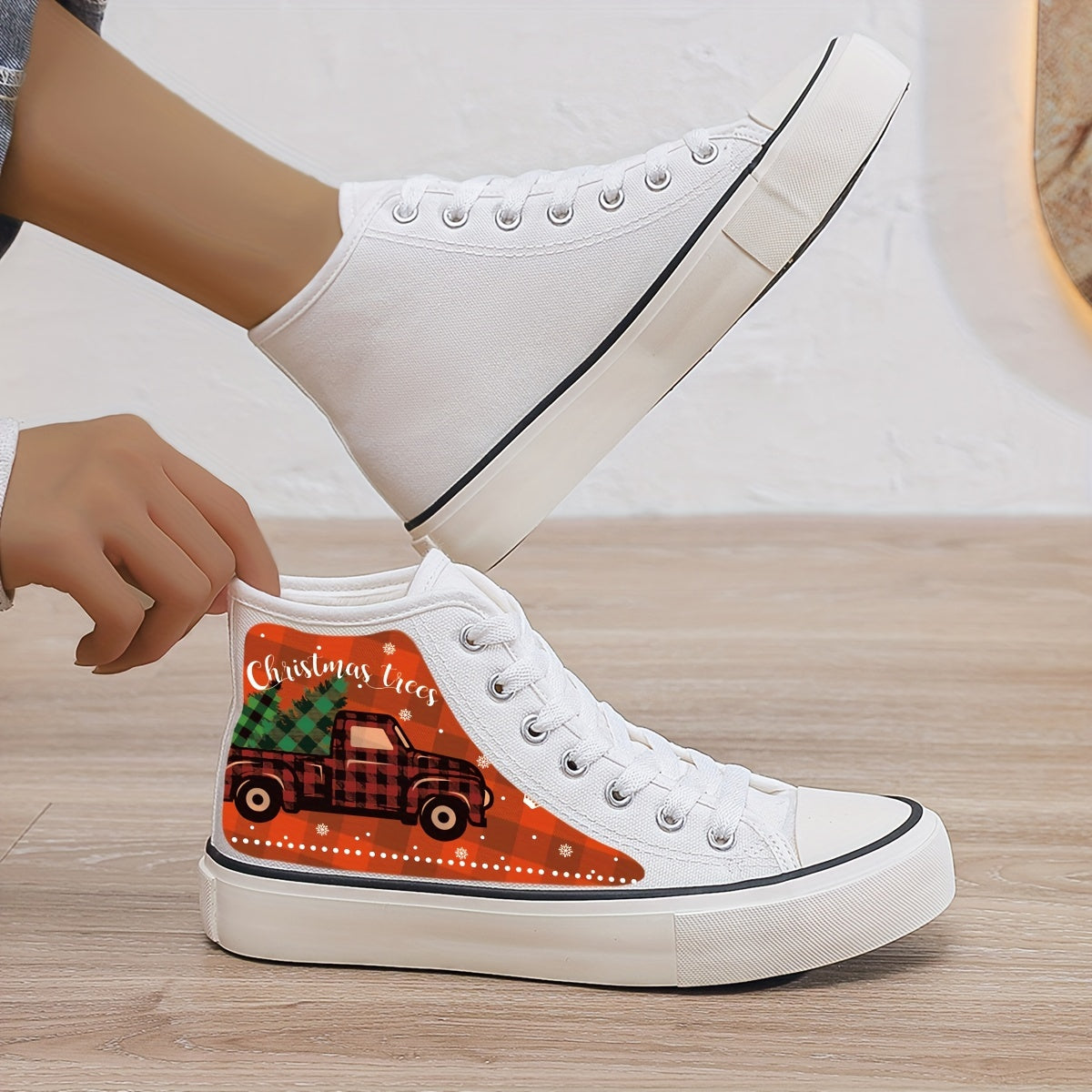 Christmas Truck Print Plush Lined Chunky Canvas Sneakers