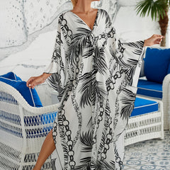 Leaf Print Bat Sleeve V Neck Cover Up Dress