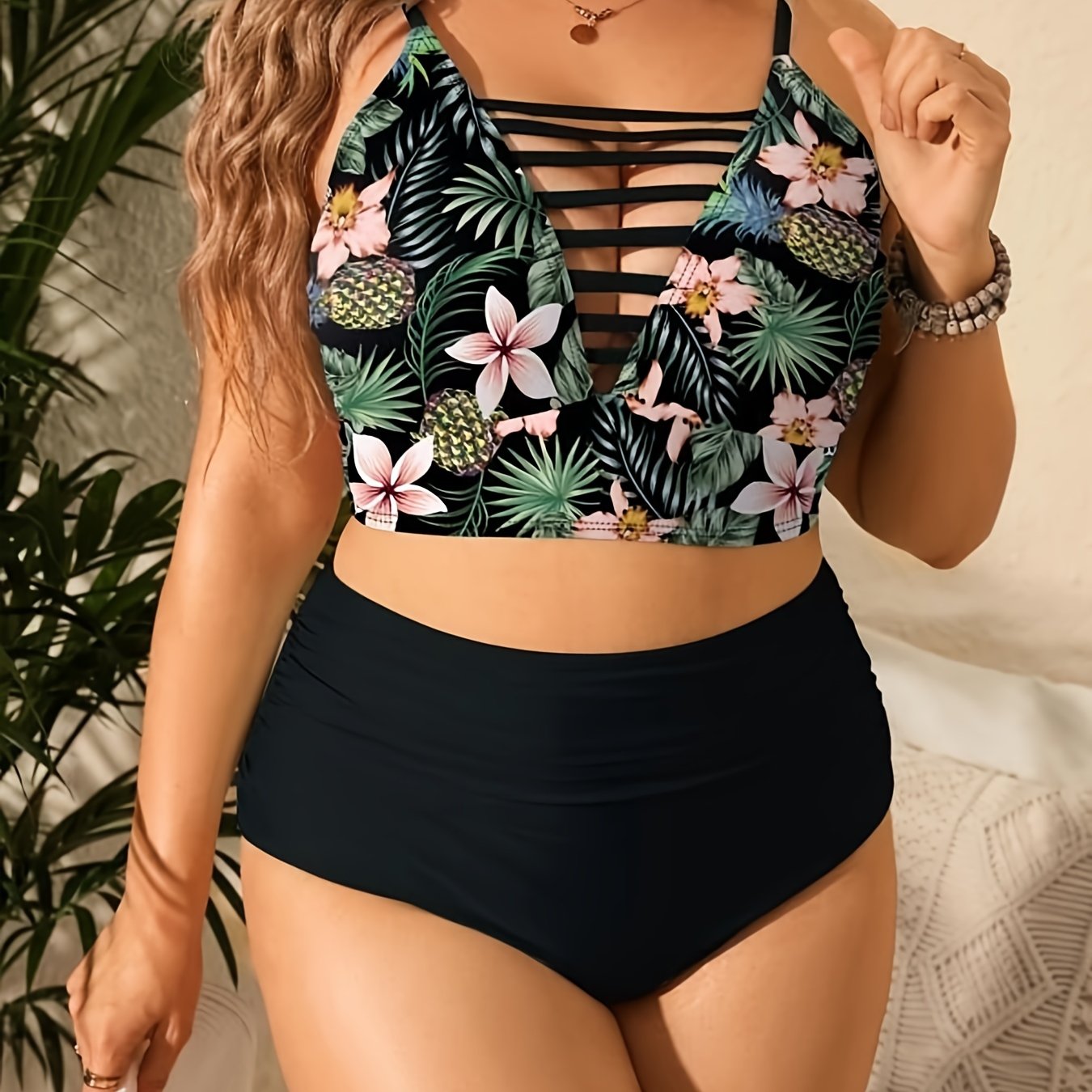 Tropical Print Cut Out V Neck Cami Top & Underwear Swimsuit Set
