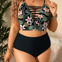 Tropical Print Cut Out V Neck Cami Top & Underwear Swimsuit Set