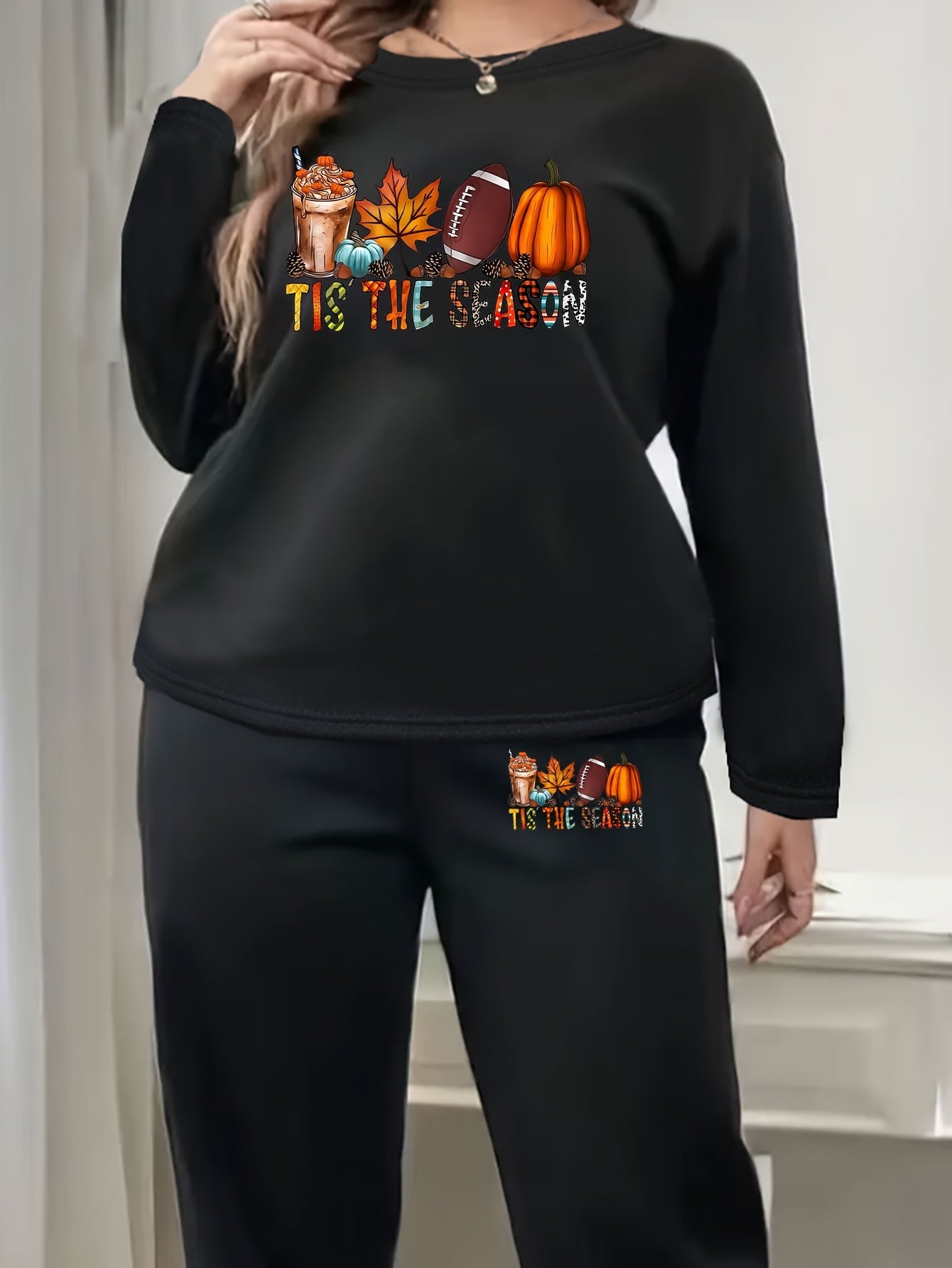 Women's Plus Lounge Set Rugby Pumpkin Coffee Maple Leaf Slogan Print Fleece Top