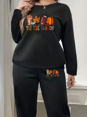 Women's Plus Lounge Set Rugby Pumpkin Coffee Maple Leaf Slogan Print Fleece Top