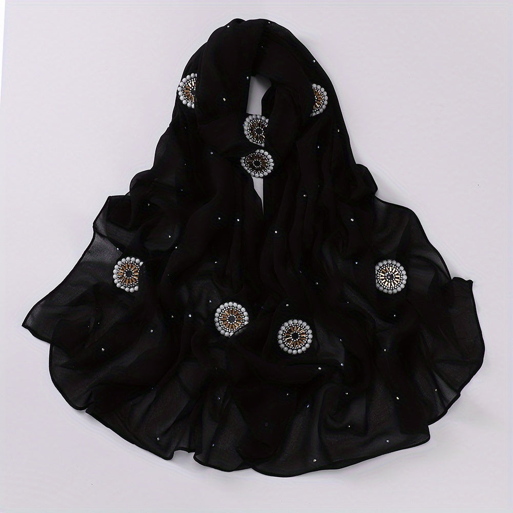 Chiffon Hijab Rhinestone Faux Pearl Decor Scarf Solid Shawl