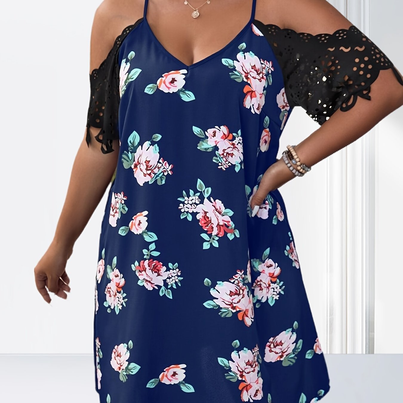 Floral Print Lace Short Sleeve V Neck Cold Shoulder Dress