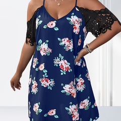 Floral Print Lace Short Sleeve V Neck Cold Shoulder Dress