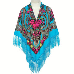 Boho Retro Large Square Scarf Floral Printing Tassel Headband Winter Shawl