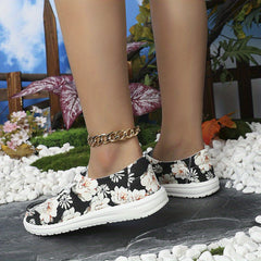 Floral Printed Canvas Lace-Up Loafers Lightweight Walking Sneakers