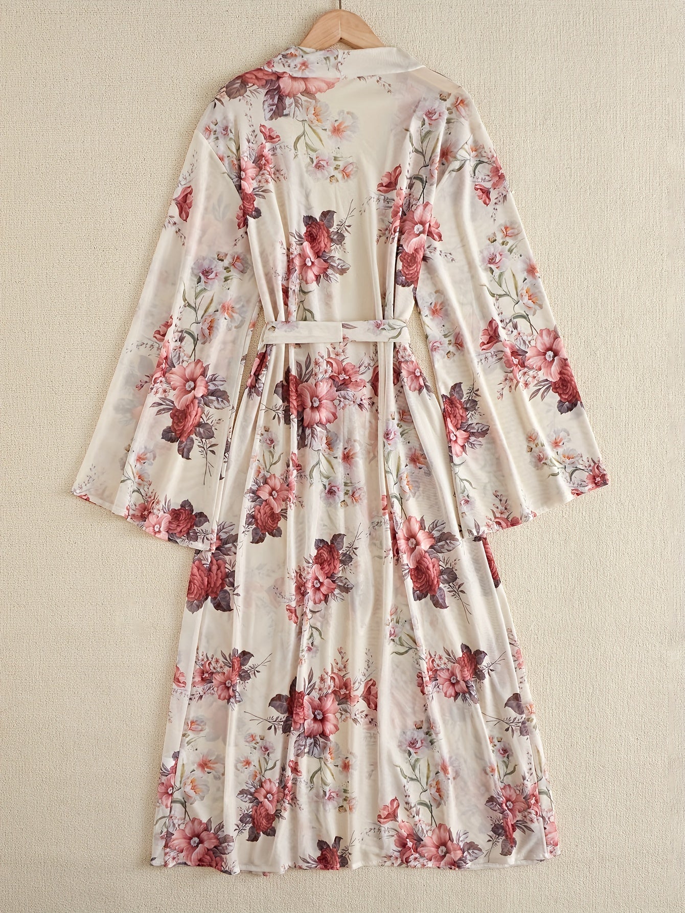 Floral Print Mesh Night Robe Long Sleeve V Neck Robe With Belt