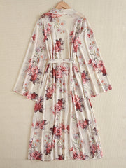 Floral Print Mesh Night Robe Long Sleeve V Neck Robe With Belt