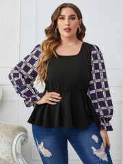 Plaid Print Long Sleeve Square Neck Top Women's Plus Size