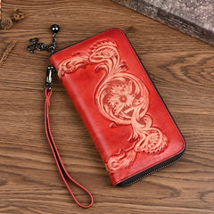 Vintage Floral Print Leather Wallet Women Zippered Clutch Red Brown