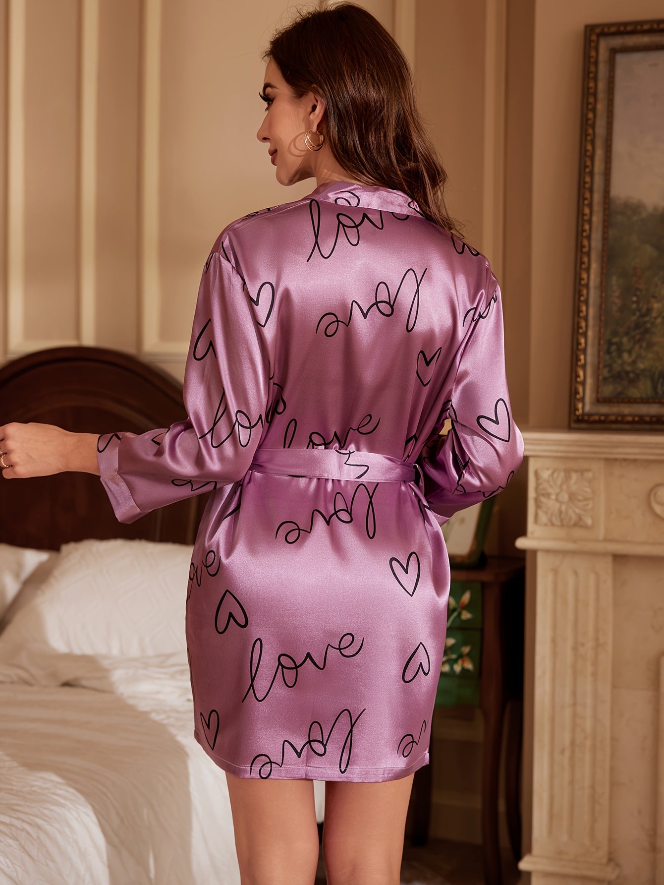 Heart Print Night Robe Long Sleeve V Neck Robe With Belt
