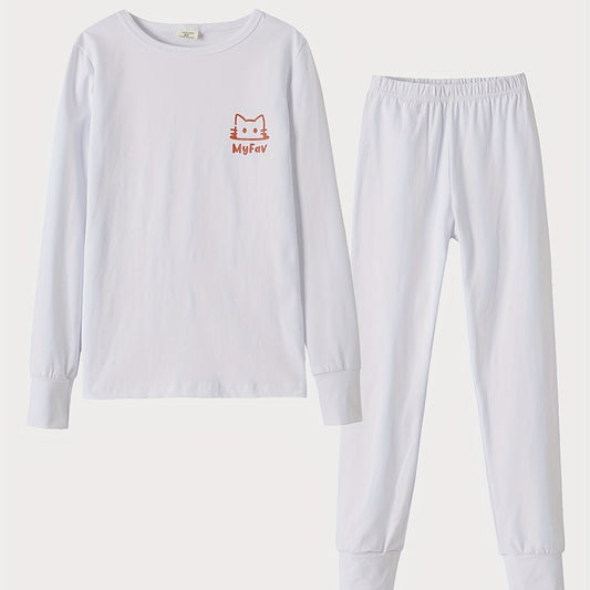 Girl's Cat Print 2pc Pajama Set Long Sleeve Top & Pants