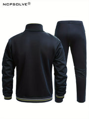 Men's Sports Suit with Striped Stand Collar Jacket & Active Pants