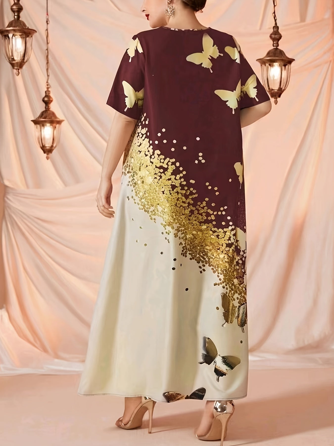 Glitter Butterfly Print Round Neck Maxi Dress Plus Size Abaya