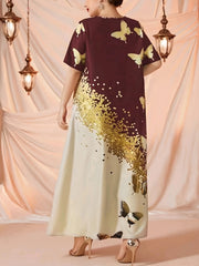 Glitter Butterfly Print Round Neck Maxi Dress Plus Size Abaya