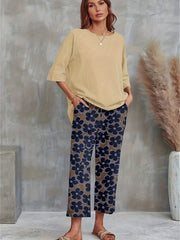 Casual 2pc Set Crew Neck T-shirt & Floral Wide Leg Pants