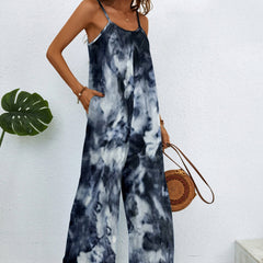 Tie Dye Wide Leg Cami Jumpsuit Crew Neck Sleeveless