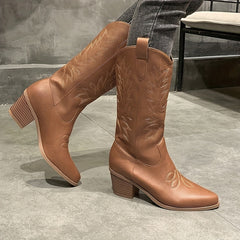 Women's Embroidered Western Boots Pointed Toe Cowgirl Mid Calf Boots