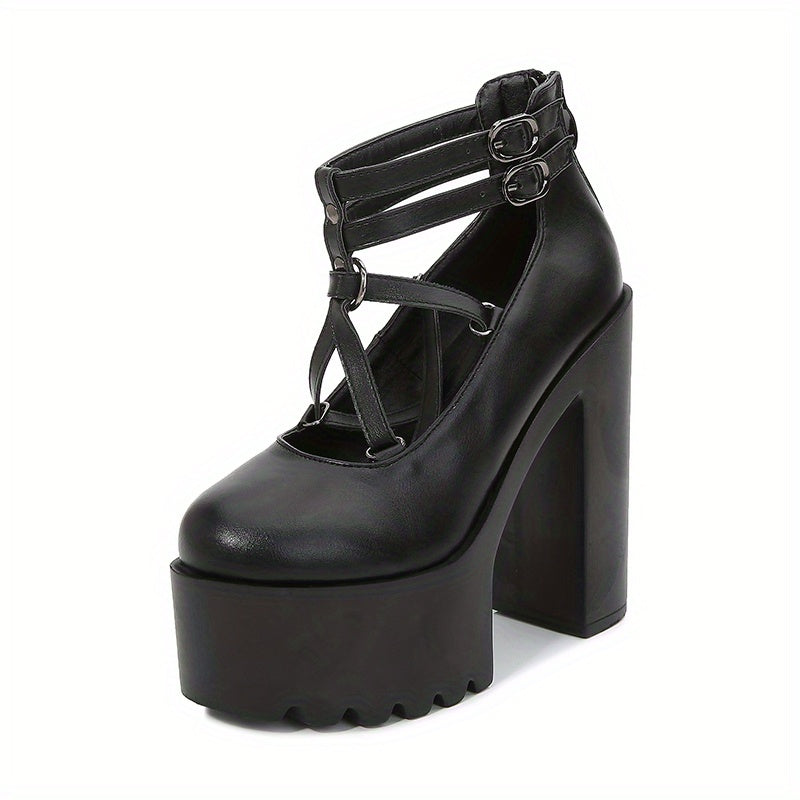 Closed Toe Buckle Strap Platform Pumps Solid Heels