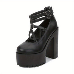 Closed Toe Buckle Strap Platform Pumps Solid Heels