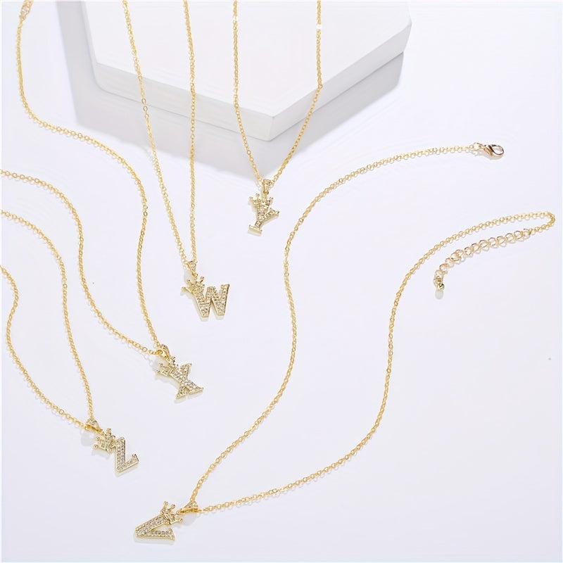 English Alphabet Crown Necklace Pendant with Zircon Inlay Clavicle Chain