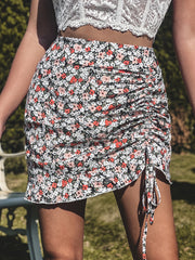 Floral Print Drawstring Skirt High Waist Mini Skirt