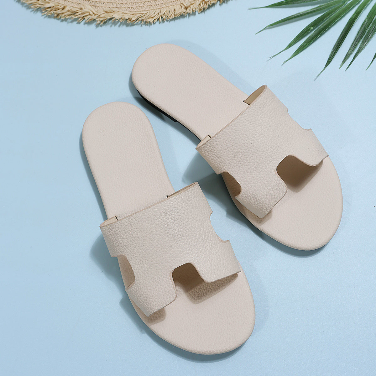 Women's Flat Slides Open Toe Leather Sandals