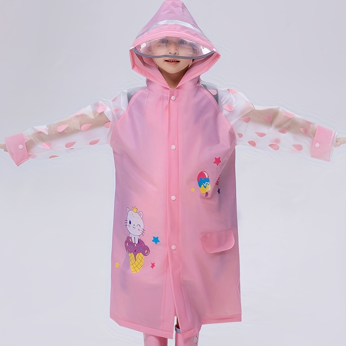 Cartoon Kitty Print Raincoat Rain Ponchos For Boys & Girls