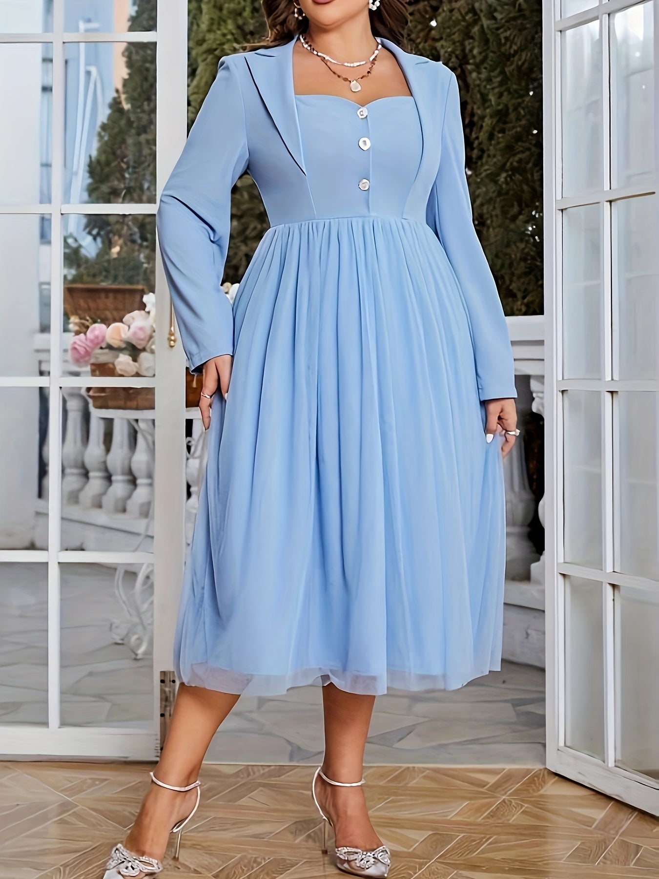 Wedding Dress Contrast Mesh Long Sleeve Midi Bridesmaid Dress