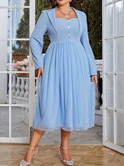 Wedding Dress Contrast Mesh Long Sleeve Midi Bridesmaid Dress