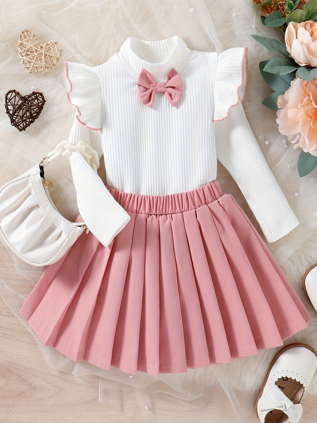 Baby Toddler High Neck Knit Top Pleated Skirt Set
