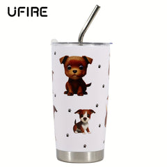 20oz Stainless Steel Insulated Tumbler With Straw & Lid Dog Design