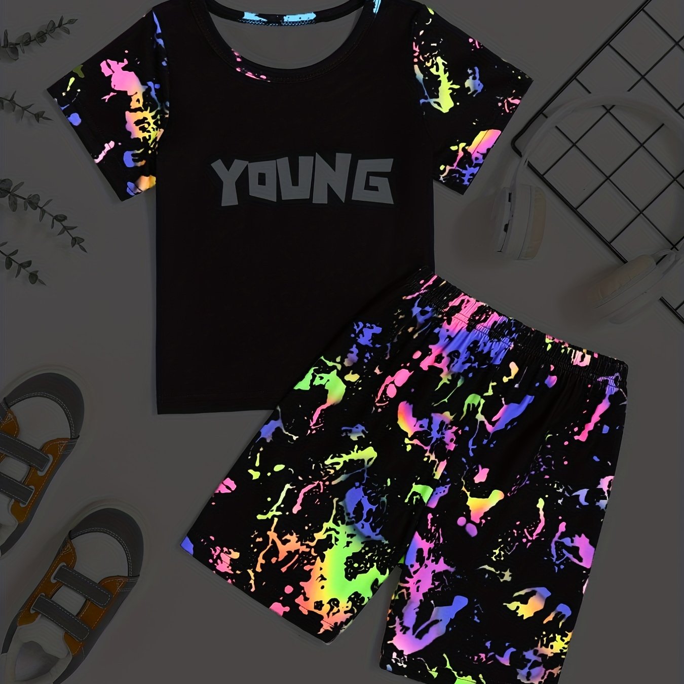 Boys Luminous Graffiti Short Sleeve T shirt&Shorts Set