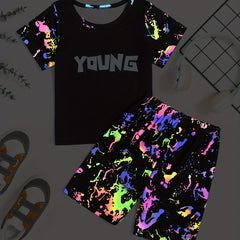 Boys Luminous Graffiti Short Sleeve T shirt&Shorts Set