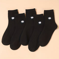 5 Pairs Floral Print Socks Breathable Mid Tube Stockings