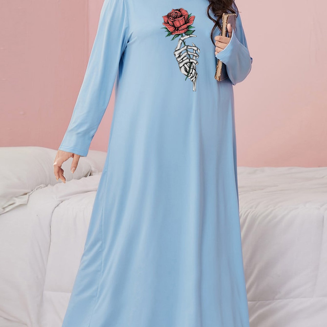 Plus Size Gothic Nightdress Skeleton Hand & Rose Print Sleep Dress