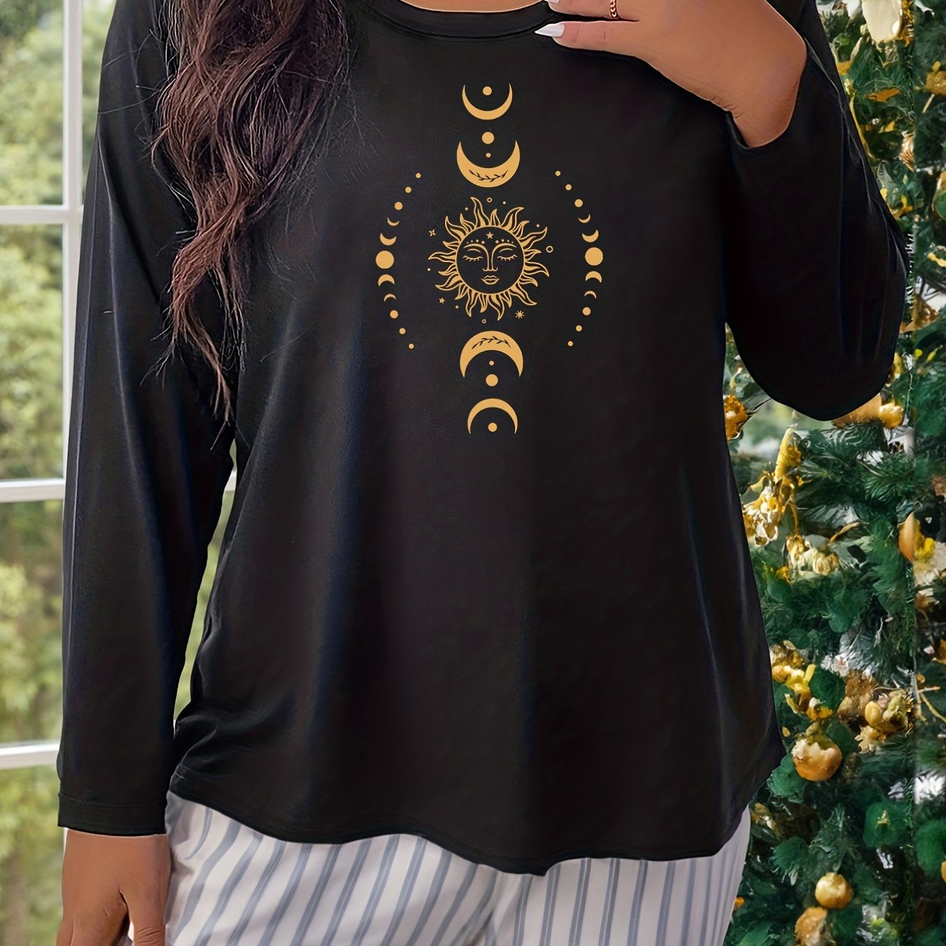 Moon & Sun Print Plus Size Lounge Top Long Sleeve Pajama