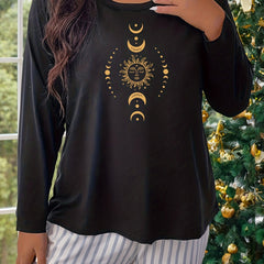 Moon & Sun Print Plus Size Lounge Top Long Sleeve Pajama