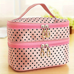 Double Layer Makeup Case Travel Toiletry Pouch Bag Pink Polka Dot