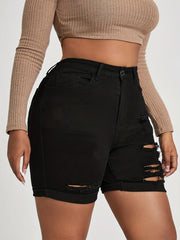 Casual Denim Shorts Women's Plus Solid Ripped Button Fly Denim Shorts