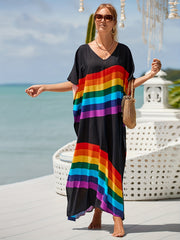 Women's Plus Rainbow Stripe Bat Sleeve V Neck Slight Stretch Cover Up Dress