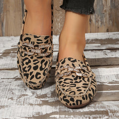 Leopard Print Rhinestone Slip On Round Toe Shoes Lightweight Non Slip