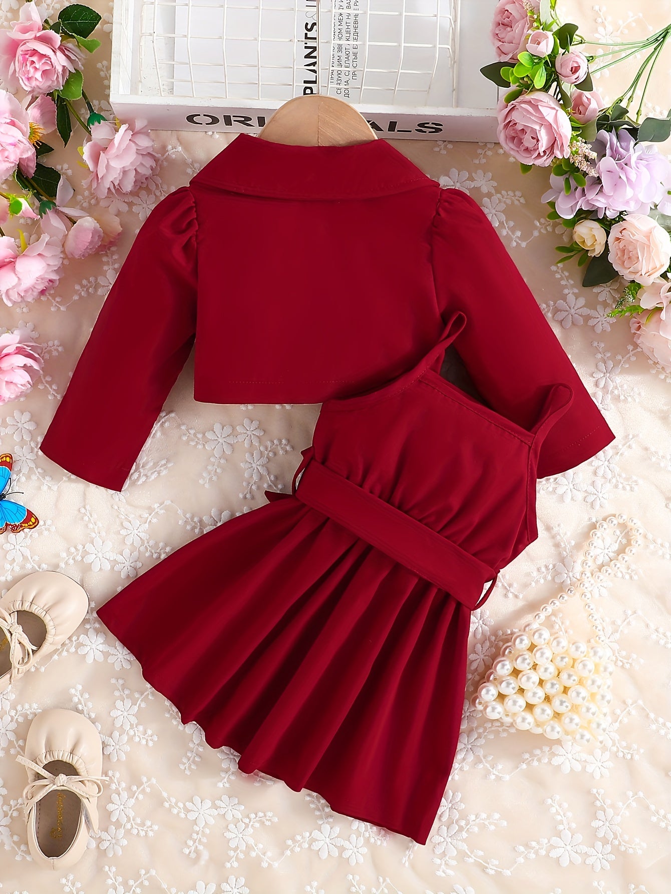 Baby Girl's 2pcs Set Lapel Long Sleeve Coat Belted Suspender Skirt Party Outfit