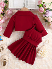Baby Girl's 2pcs Set Lapel Long Sleeve Coat Belted Suspender Skirt Party Outfit