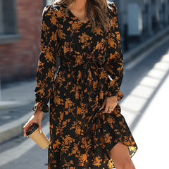 Retro V Neck Ruffle Dress Print Long Sleeve Loose Summer Dresses