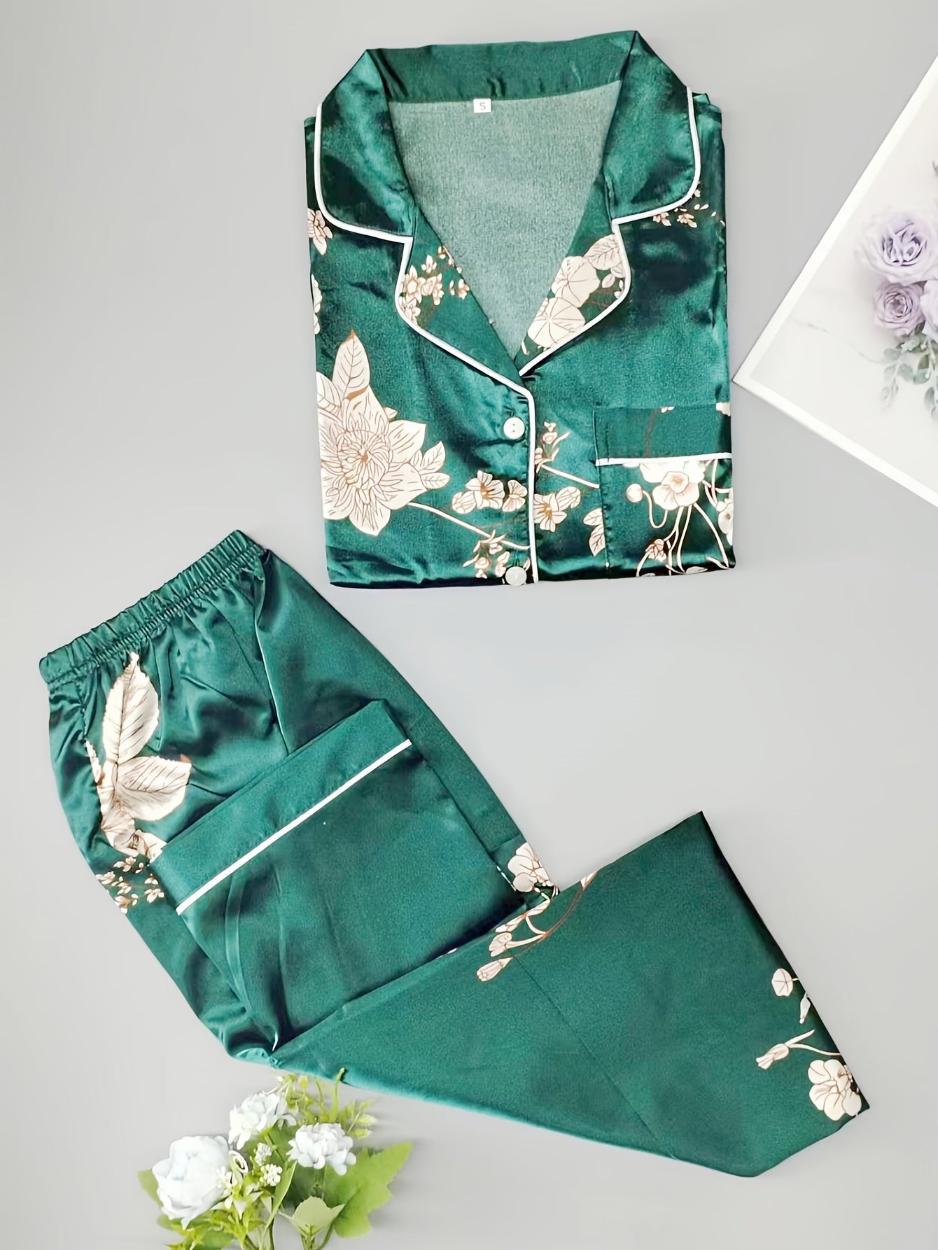 Floral Print Pajama Set Short Sleeve Top & Pants Women's Sleepwear