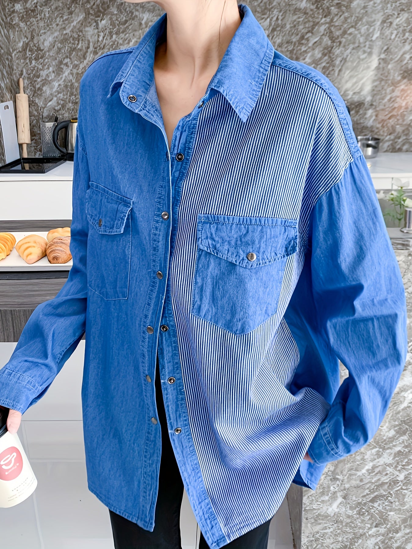 Colorblock Button Up Long Sleeve Denim Shirt